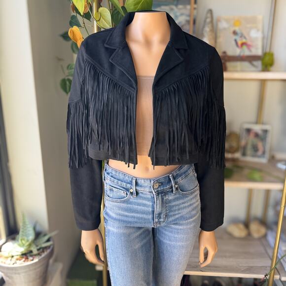 Francesca's Jackets & Blazers - NWT Francesca's Black Fringe Faux Suede Collared Cropped Jacket Western, Medium